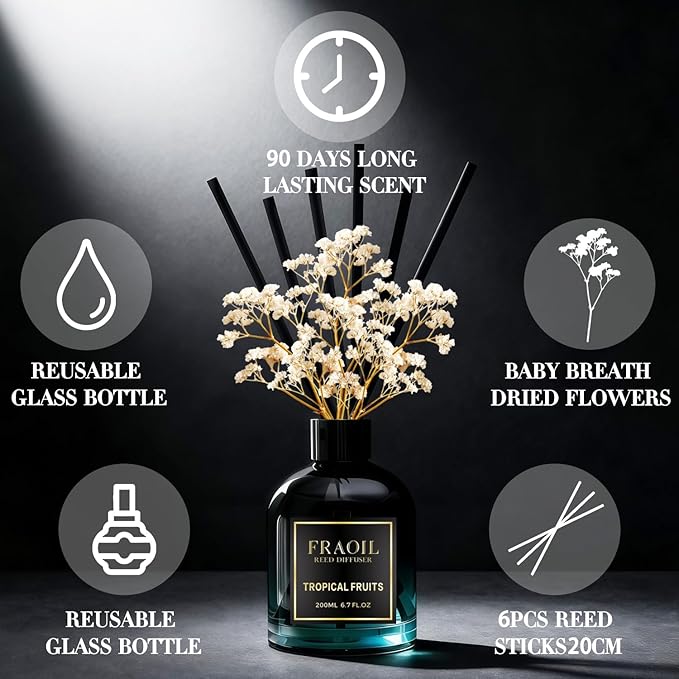 Tropical Fruits Reed Diffuser, Reed Diffuser Set 6.7 fl oz (200 ml) with 6 Reed Sticks, Home Fragrance Reed Diffuser for Bathroom Shelf House Bedroom Office Decor