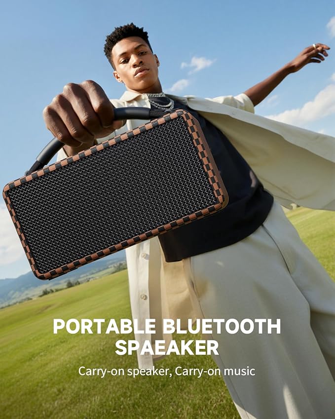 DINDIN Portable Bluetooth Speaker： 80W (Peak), 20H Playtime, Wireless Big Wood Boombox with Deep Bass, Subwoofer, TWS, Large, Loud Speaker for Party, Outdoor, Backyard, Beach, Home,Gift（Black+Brown）