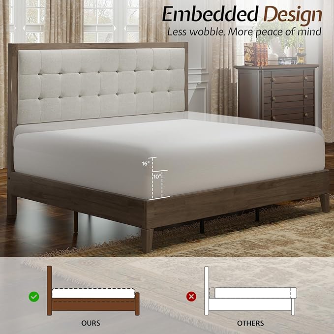 Jocisland Wood Queen Size Bed Frame,Tall Upholstered Tufted Headboard, Solid Wood Platform, No Box Spring Needed, Ash Gray