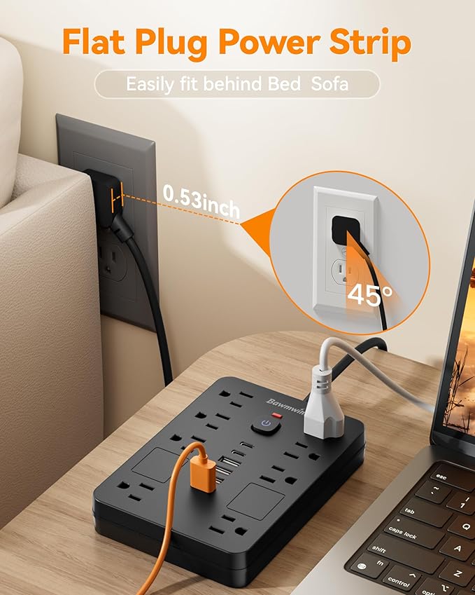 Bawmwim Surge Protector Power Strip - 8 Outlets(1850W/15A) with 6 USB Ports（2 USB C, 10FT Flat Plug Extension Cord, Wall Mount Multi Plug Outlet Extender, ETL Listed for Home, Dorm Room, Black
