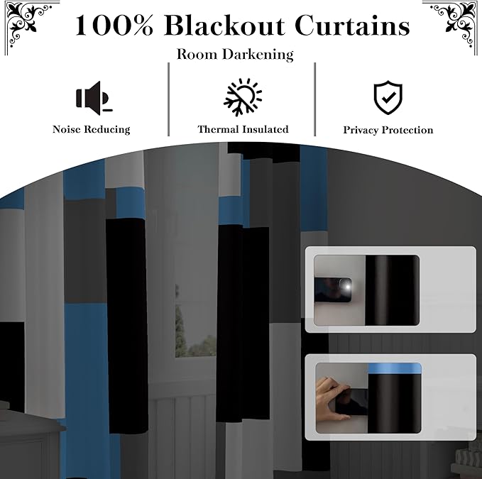 Light Blue 100% Blackout Curtains 45 inch Length 2 Panels Set White Grey Modern Abstract Geometric Drapes for Kitchen Black Out Curtains Insulated Room Darkening Small Window Curtains, 42Wx45L