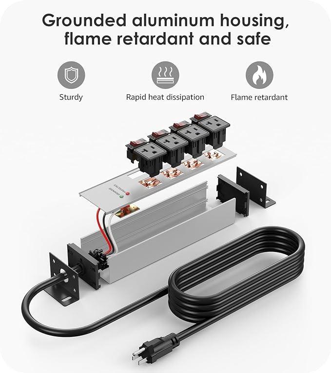 CCCEI Heavy Duty Surge Protector Power Strip 20 Amp Individual Switches. 6FT 12 Gauge Extension Cord with Multiple Outlets. Kitchen, Garage, Shop, Industrial Wall Mount Electric Extender, Grey.