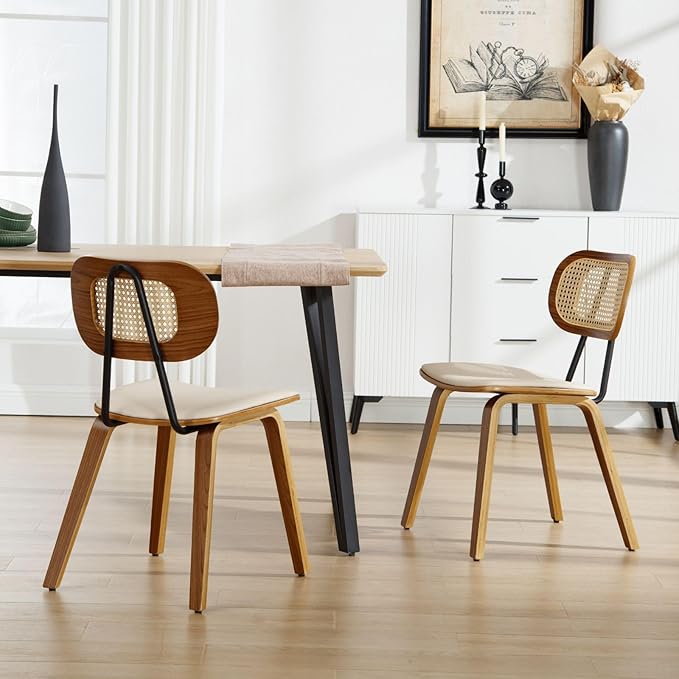 HEAH-YO Modern Dining Chairs Set of 2, Upholstered Faux Leather Dining Room Chairs with Rattan Backrests and Wood Legs, Armless Kitchen Chairs for Dining Room, Beige