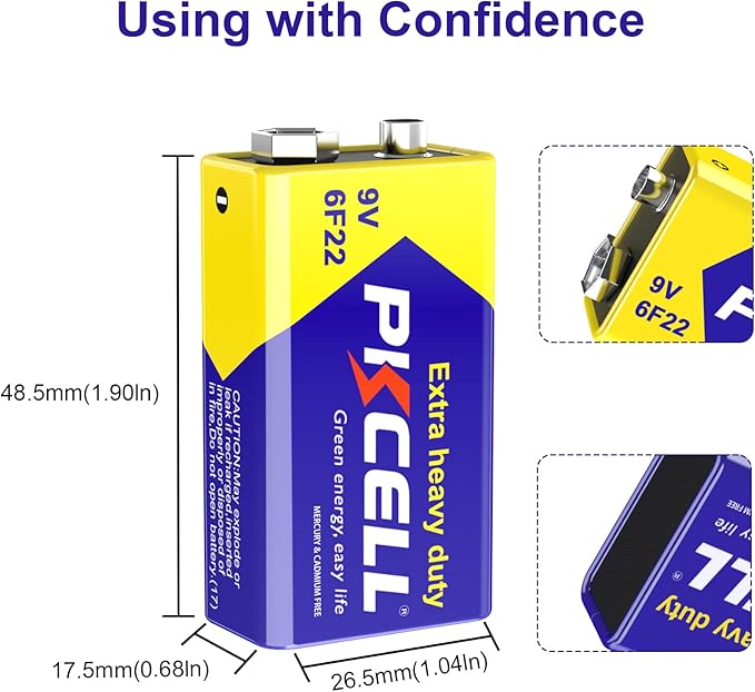 PKCELL 9V Batteries, 24 Pack 9 Volt Batteries Carbon Zinc, 9V Battery for Smoke Detector, Alarms, 6F22 Square Battery