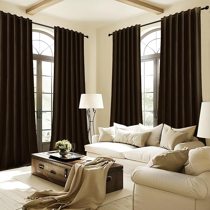 90 Inch Long Velvet Curtains for Living Room, Light Reducing Thermal Curtain Back Tab & Rod Pocket Elegant Soundproof Luxury Room Darkening Window Drapes for Bedroom, W52 x L90, Brown, 2 Pcs