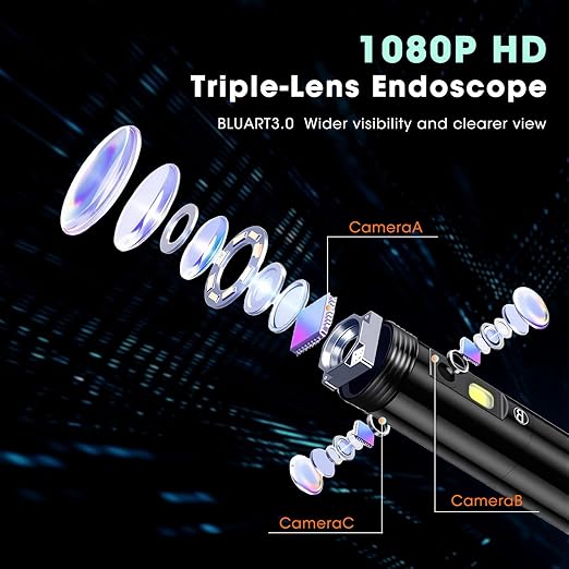 Epicmate Triple Lens Endoscope Camera with Light- 5" 1080P HD Handheld Borescope with 50FT Semi-Rigid Cable, Waterproof Sewer Inspection Camera with 32GB Card, Drain Plumbing Camera & Gifts for Men
