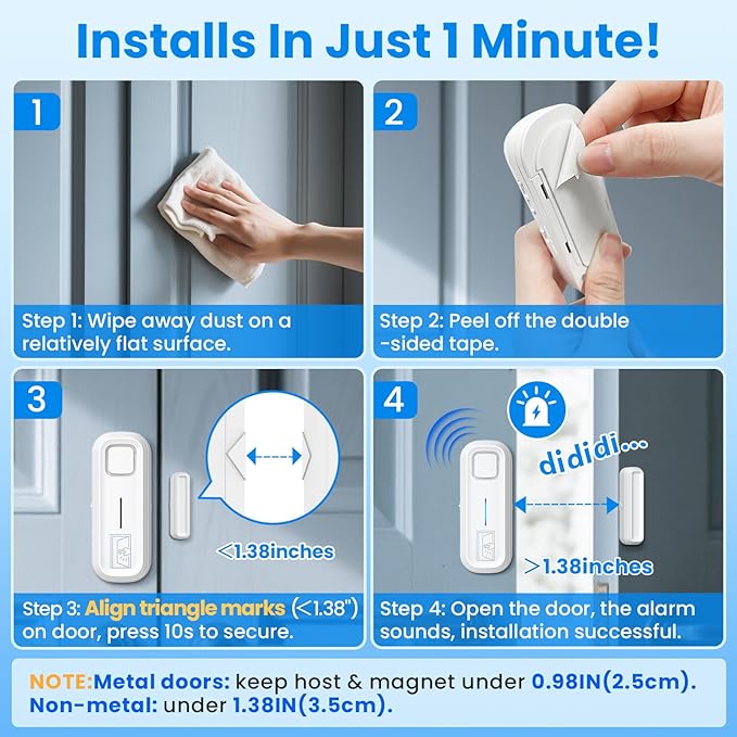 Sanjie Door Alarm with Instant and Delayed Alerts 30s/1min/2min/4min, Door Window Ajar Alarms for Kids Safety/Home Security, Volume 0-120dB, Left Open Alert for Freezer Fridge Home, 1 Sensor