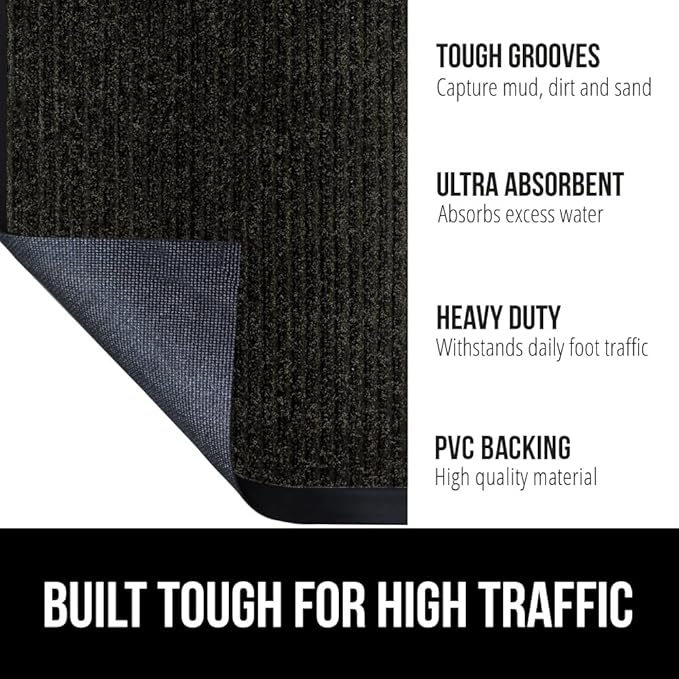 GORILLA GRIP Waterproof Traffic Guard Door Mat, 2 Pack Heavy Duty Entryway Mats, Strong Rubber Back Commercial Utility Rugs for Office Hallway, Garage Floor and Home, Low Profile Carpet, 35x23, Black