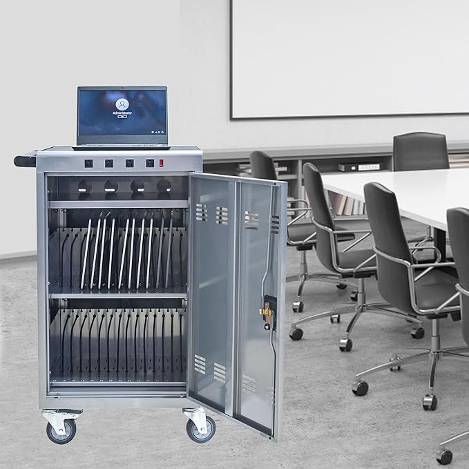 Aokleo Laptop Charging Cart,35 Devices Tablet Storage Carts for pad Up to 16.3" Screen Size, Classroom Computer Mobile Charging Station for pads, Chromebooks,Laptops, Security Storage(31+4 Bay-Silver)