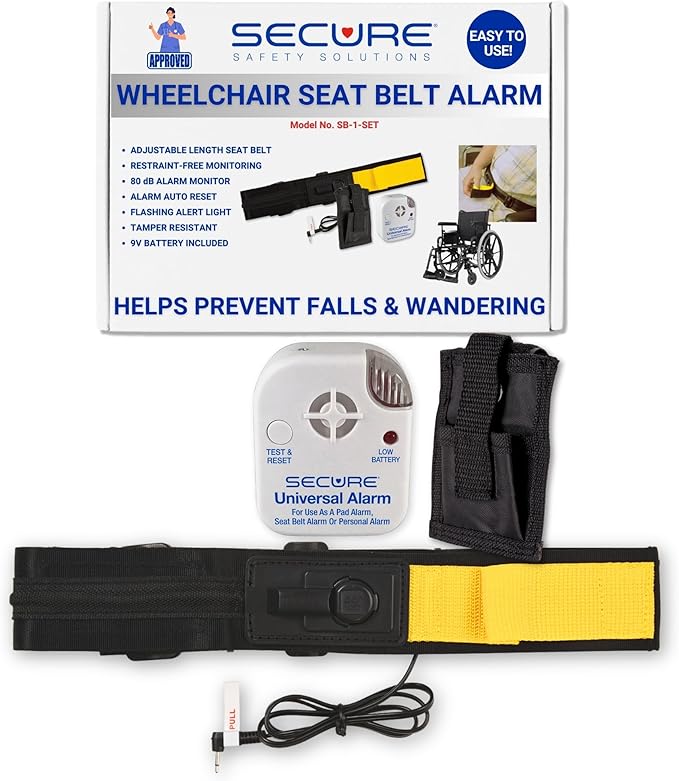 Secure Safety Solutions Wheelchair Seatbelt Chair Alarm for Elderly Dementia Patients - Non Restraint Seat Belt Strap Sensor and Alarm - Fall Prevention Caregiver Alert Device for Monitoring Seniors