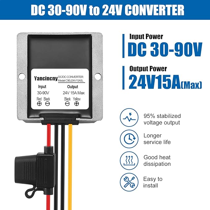 Yancincny 360W 24A 15V DC-DC Buck Converter 36V 48V 60V 72V 84V to 24V 15A Transformer - 30-90V Step Down to 24V Waterproof Power Supply with Fuse for Golf Cart/Truck/RVs/Marine/Solar