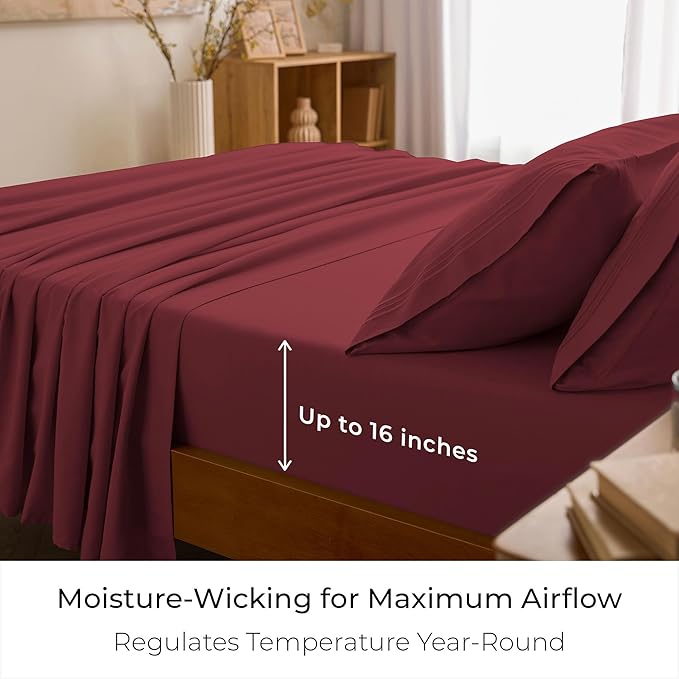 Mellanni Split King Sheet Set - 7-Piece Iconic Collection Bedding, (Including 4 Pillowcases), 16-Inch Deep Pocket, Easy Care, Extra Soft, Cooling Sheets, Brushed Microfiber - Brick Red