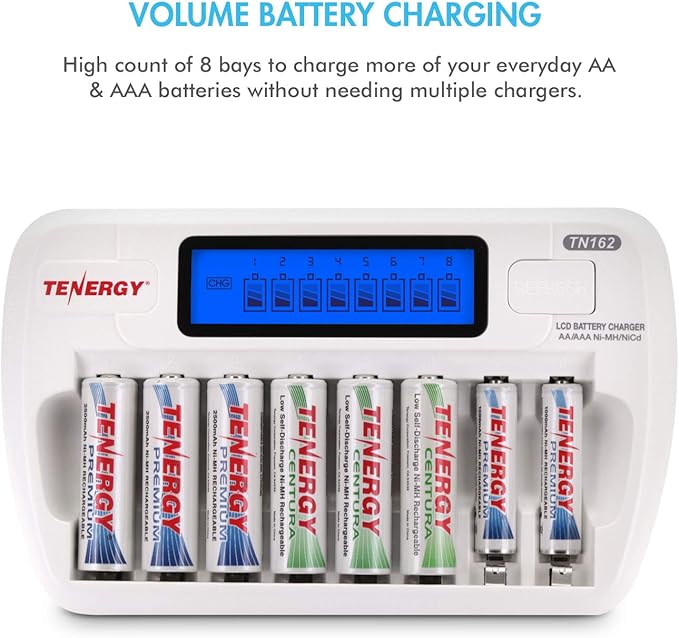 Tenergy Rechargeable Battery and Charger Combo TN162 - 8-Bay Smart AA/AAA NiMH/NiCd Charger + 8 pcs AAA NiMH Rechargeable Batteries