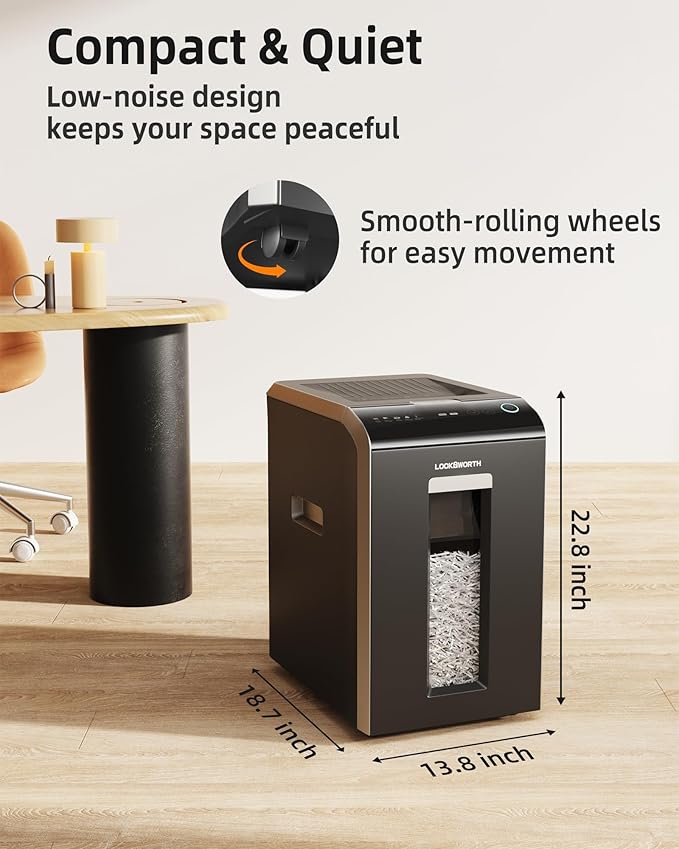 Locksworth Heavy Duty Micro-Cut Paper Shredder: 200-Sheet Auto Feed/10-Sheet Manual Feed, P-5 High Security, 8.5 Gallon Bin with Casters for Home Office