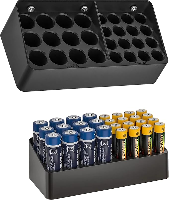 RUDDLIN Battery Storage Organizer Battery Storage Box Black Fits 16 AAA & 12 AA Batteries Divided Battery Holder Fits Wall,Cabinets,Drawers (Case Not Includes Batteries)