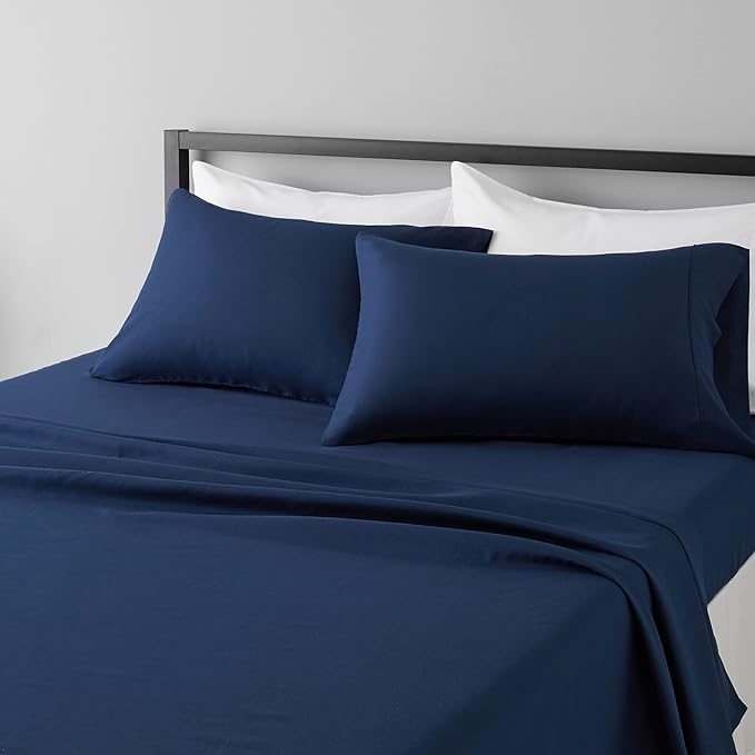 Amazon Basics Lightweight Super Soft Easy Care Breathable Microfiber 4 Piece Bed Sheet Set with 14-Inch Deep Pockets, King, Navy Blue, Solid