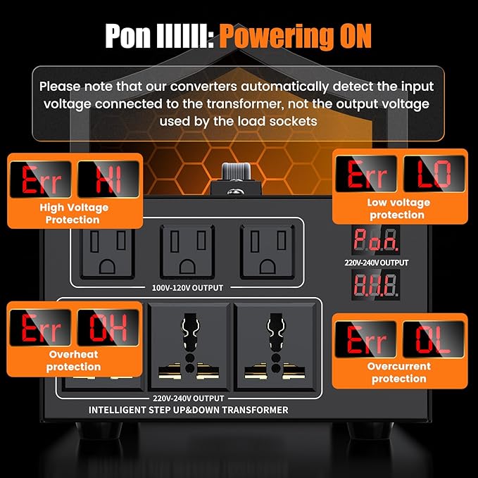5000W Voltage Converter Transformer Step Up 110V/120V to220V/240V or Step Down 220V to 110V AC Power Converte, Circuit Breaker Protection, 3 US sockets, 3 Universal sockets, LCD Display