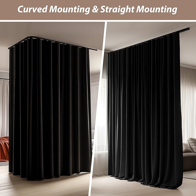 Room Divider Curtains with Ceiling Curtain Track Set Window Curtain for Bedroom,Living Room Total Blackout Thermal Insulated Privacy Ceiling Track Curtain W 12 × H 7 FT Black drape&Black track