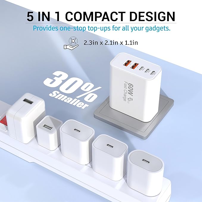 USB C Charger Block, 2-Pack 60W 5 Ports USBC Wall Charger Plug Fast Charging, iPhone Charger QC Multiport PD Adapter Chargers, Type C Box Brick Cube for iPhone 17 16 15 14 13 Pro Max,Samsung