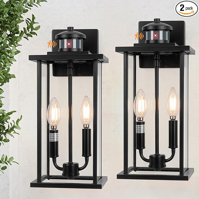SIAFAVOI Large Motion Sensor Outdoor Sconce 2-Pack, 16" Black Dusk to Dawn Wall Light, Outdoor Wall Mount Fixtures, 2-Light Exterior Waterproof Wall Lights, Doorway, House Front Door, Patio, Garage