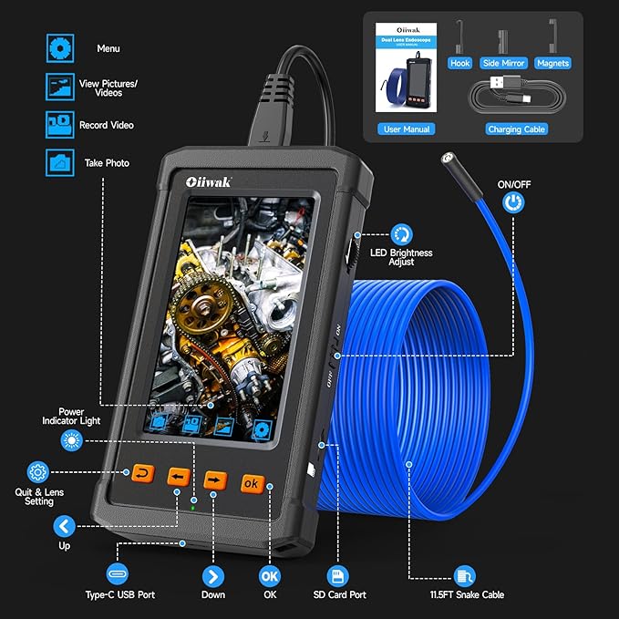 Oiiwak Endoscope Camera with Light, 5.5 mm Borescope, 4.3" IPS Screen HD Digital Snake Inspection Camera, IP67 Waterproof for Drain, Plumbing, Wall, Automotive- 3.5 m/11.5 ft