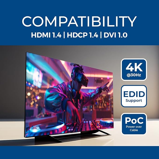 OREI 4K HDMI over Ethernet Extender Over CAT5/CAT6/CAT7, with IR Upto 164 Feet - Loop Out - 4K @ 30Hz 1080P Full HD Signal Distribution (EX-170C)
