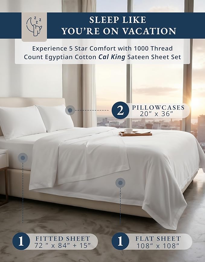 LANE LINEN 100% Cotton California King Sheet Sets - 1000 Thread Count, Soft & Comfy Luxury Hotel Like Thick Fully Elasticized Bed Sheet, No Pill Fade Resistant Oeko Tex Certfied Cal King Sheet - White
