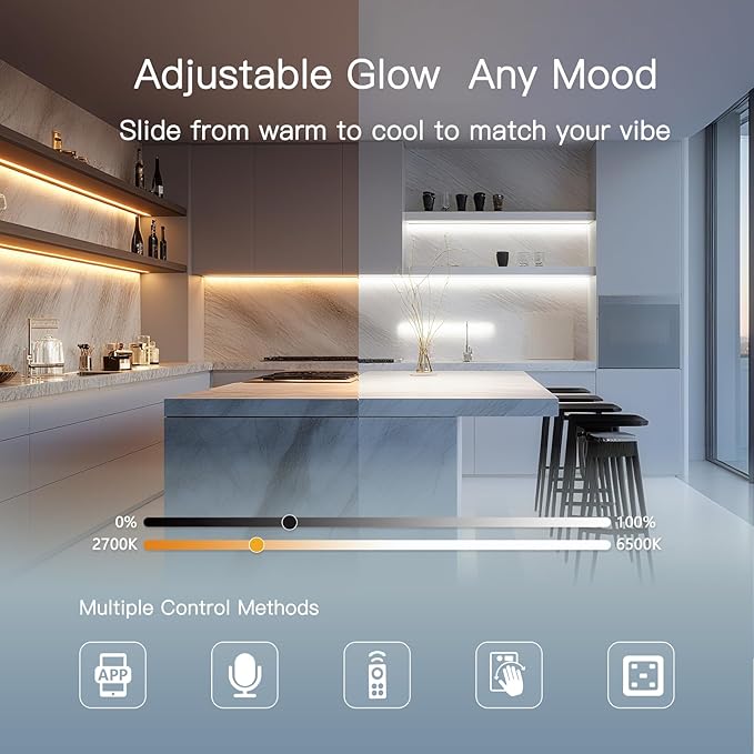 V4light Plug in Under Cabinet Lighting, 6 Pack 12 Inch Ultra-Slim LED Light Bars, Smart App/Voice/Remote Control, Works with Alexa, Dimmable & CCT Adjustable, 5W/Bar, for Kitchen, Closet, Counter