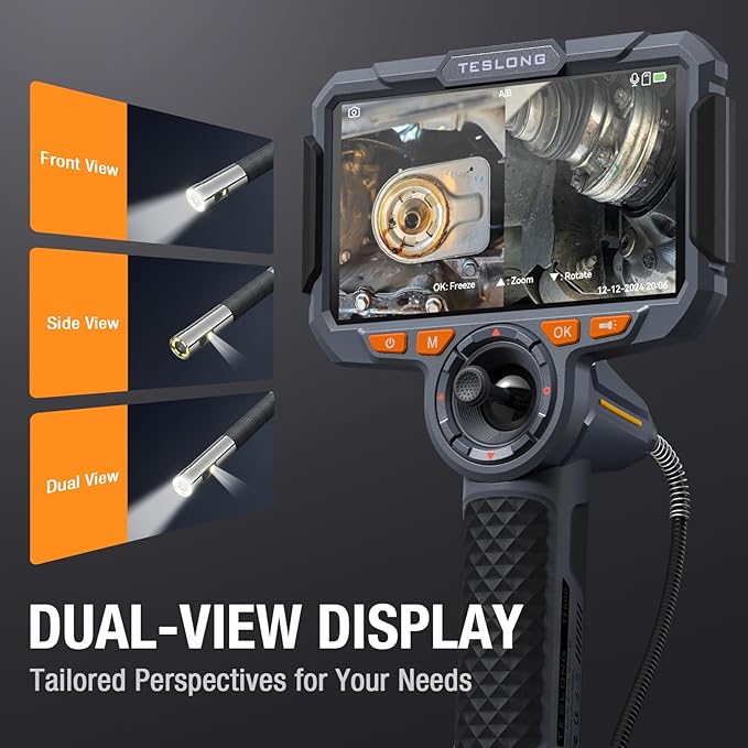 360 Articulating Borescope with 6” Monitor, Teslong Mechanics Inspection Camera with 4-Way Joystick Articulation, HD Steerable Endoscope Camera with Light, See in Wall Engine Hole Camera(0.24inch-5FT)