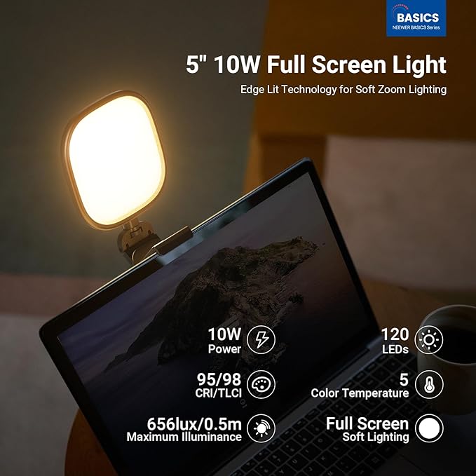NEEWER Basics 5" 10W Monitor Light for Video Conference, Bi Color Edge Lit USB LED Panel with Stand, CRI95 Lamp Lighting for Laptop Computer Webcam Zoom Call Desk Streaming Recording, NL10