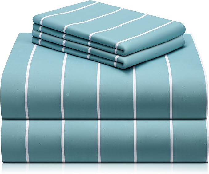 LuxClub 4 PC Queen Sheet Set, Deep Pockets Wrinkle Free Cooling Bed Sheets Hotel Bedding for Women, Men, Includes 1 Fitted Sheet, 1 Flat Sheet and 2 Pillowcases-Striped - Light Blue