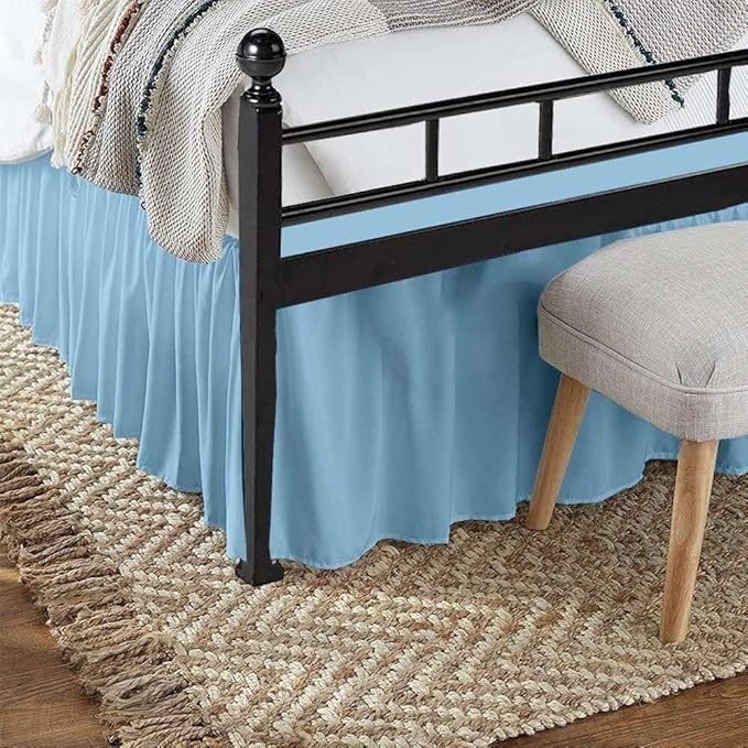 Light Blue Solid Ruffled Bed Skirt King-20 Inch Drop Split Corner, Microfiber Bedskirt with Platform Three Sided Coverage