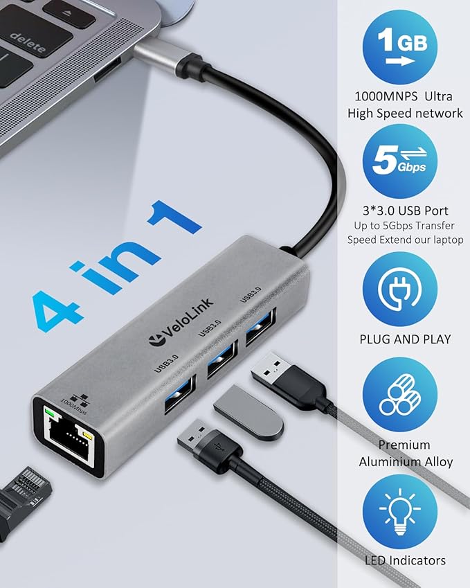 Velolink 4-in-1 USB 3.0 Hub with Gigabit Ethernet Adapter for Laptop, PC, MacBook Pro (RJ45 TYPEC HUB 01)