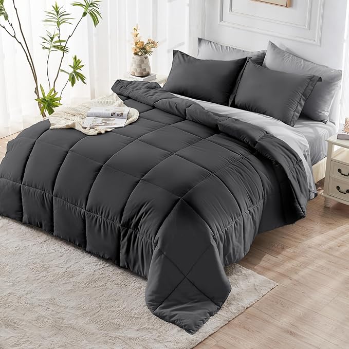 JOLLYVOGUE California King Comforter Set, Ultra-Soft Bed in a Bag Cal King Size 7 Pieces, Oeko-TEX Certified Bedding Set With Down Alternative Comforter, Sheets, Pillowcases & Shams, Dark & Light Grey
