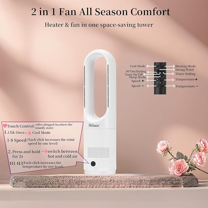 Hiluce All Season Bladeless Fan, 1400W Space Heater & 40W Tower Fan Combo with Remote,25dB Quiet Heater Fan Combo for Indoor Use,Tip Over and Overheat Protection 80°Oscillation,8Levels, 9H Timer,22"