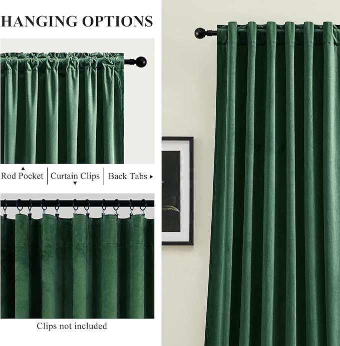 Velvet Curtains 102 Inches Long for Bedroom, Super Soft Room Darkening Thermal Insulated Curtains Luxury Window Drapes for Living Room Nursery, Back Tab Rod Pocket, Dark Green, W52 x L102, 2 Panels