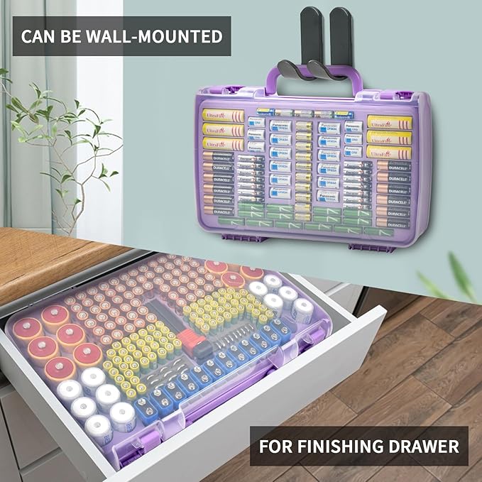 Aptbyte Battery Organizer Storage Holder Box Case with Tester- 269 Batteries Double-Sided Variety Pack, Holds AA AAA 4A C D Cell 9V 3V Lithium LR44 CR2 CR123 CR1632 18650 Button- Purple (Box Only)