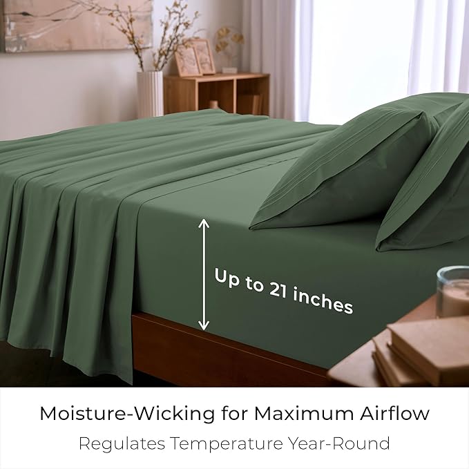 Mellanni Queen Sheet Set - 6-Piece Iconic Collection Bedding, (Including 4 Pillowcases), 21-Inch Extra Deep Pocket, Easy Care, Ultra Soft, Cooling Sheets, Brushed Microfiber - Sage