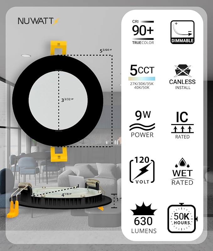 NUWATT 6 Pack, 4 Inch Ultra-Thin LED Recessed Lighting Black, 5CCT 2700K/3000K/3500K/4000K/5000K Selectable, 630LM, 9W, IC Rated, Dimmable Canless Wafer Light, Damp Rated Pot Lights with Metal J-Box