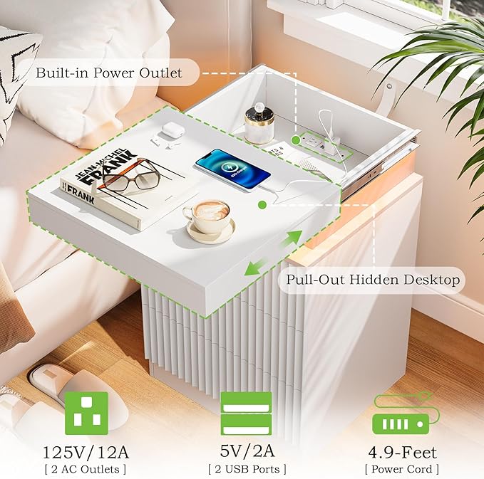 Nightstand with Charging Station & LED Lights, Modern Small Fluted Bedside & End Table with 3 Drawers, Sliding Top & Hidden Storage, Wooden Farmhouse Night Stand for Bedroom Office Sofa, White