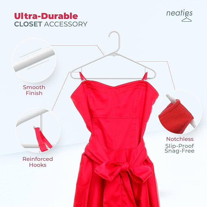 Neaties Plastic Hangers 30 Pack – Made in The USA – 6lb Capacity Standard Clothes Hangers with Strap Hooks for Dresses, Lingerie, Shirts, Pants, and Jackets – Mint