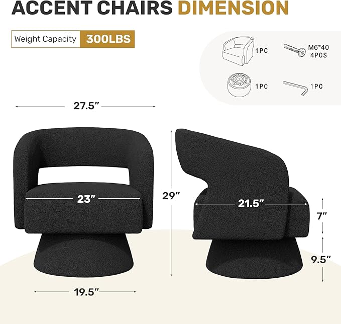 Swivel Accent Chair Set of 2, Modern Comfy Teddy Barrel Chairs, Oversized Upholstered Round Arm Chair for Living Room, Bedroom, Reading Room, Black