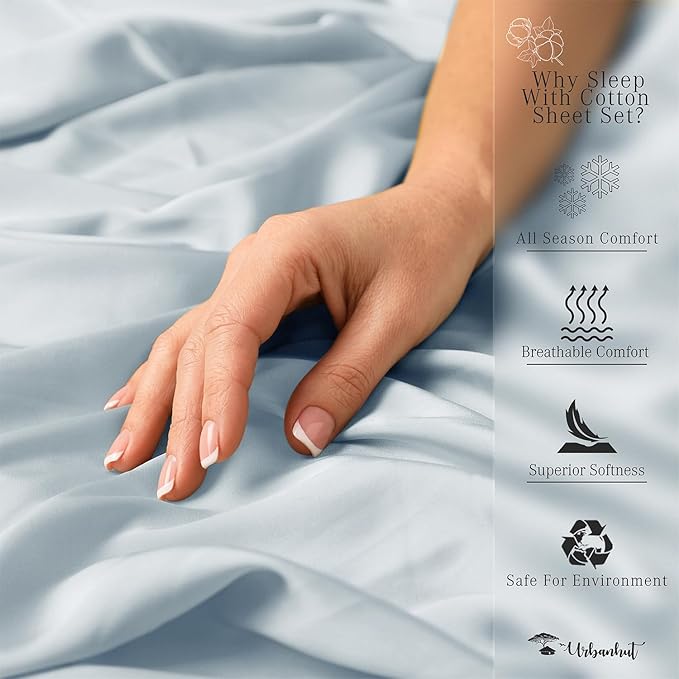 URBANHUT 800 Thread Count 100% Cotton King Size Sheets, Luxury 4 Piece King Bedsheets, Hotel Sheets Sateen Finish - Better Than Egyptian, 16" Elasticized Deep Pocket - Light Blue