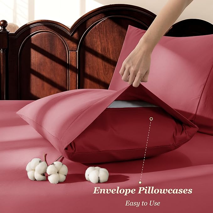 LBRO2M 1000 Thread Count 100% Egyptian Cotton Sheets Set King Size, 4 Piece Sets Bed Sheet Deep Pocket Sheet Set 16" Soft Comfortable All Season (King, Burgundy)