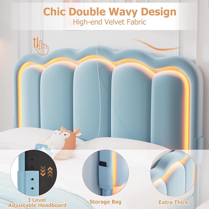 Velvet Upholstered Full LED Bed Frame with 2 Storage Drawers and Adjustable Chic Double Wavy Headboard, Princess Platform Bed with Charing Station, Solid Wood Slats Support,No Box Spring Needed,Blue