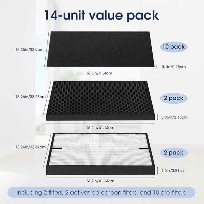[14 Pack] 3000 Air Replacement Filters, Compatible with Air Doctor 3000, 3000M, 3000Pro Air Purifier, Includes 2 High-Efficiency Air Filter, 2 Activated Carbn and 10 Extra Premium Pre-Filters
