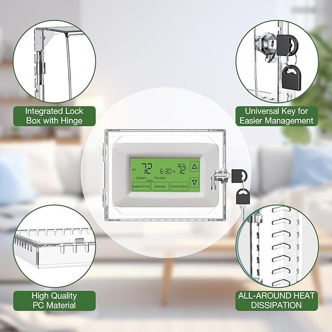 AUURIO 2 PCS Upgraded Thermostat Lock Box with Key, Large Space Thermostat Cover Seamless Anastomosis, Clear Decorative AC Lock Box Cover on Wall Fits Thermostats 4.8" H x 6" W or Smaller