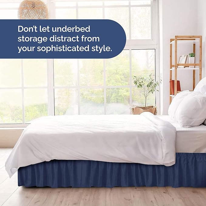 Wrap Around Dust Ruffle Bed Skirt - Navy Blue - for King Size Beds with 18 Inch Drop - Elastic Strap - Adjustable Pleated Bedskirt with Brushed Fabric and Wrinkle Free - for Women, Men, Kids & Teens