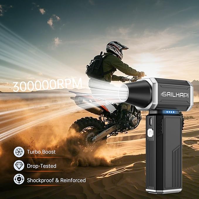 SAILHAPI Compressed Air Duster 300000RPM, Handheld Office Duster Brushless Motor Replaced Canned Air, Rechargeable Durable Turbo Blower for PC Gamers, Barber & Snow Removal, Birthday Gifts for Dad