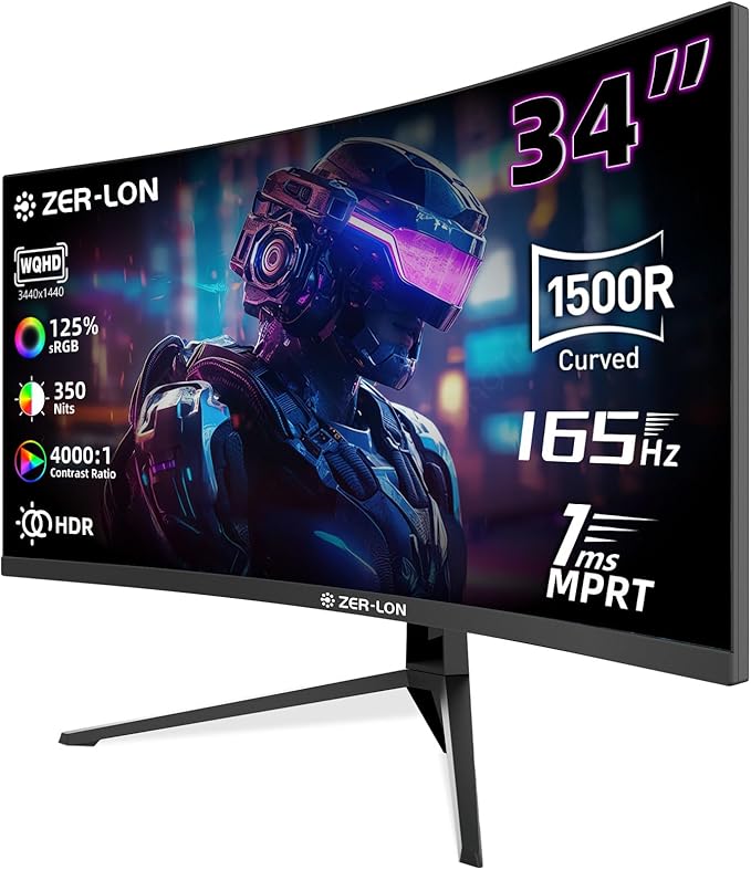 ZER-LON 34 inch Curved Gaming Monitor, 21:9 WQHD 3440×1440 165Hz Ultrawide Computer Monitors, 1500R 1ms(MPRT), 125% sRGB, 350nits, FreeSync, HDMI2.0 x2, DP1.4 x2, Wall Mountable/Tilt Adjustable Black